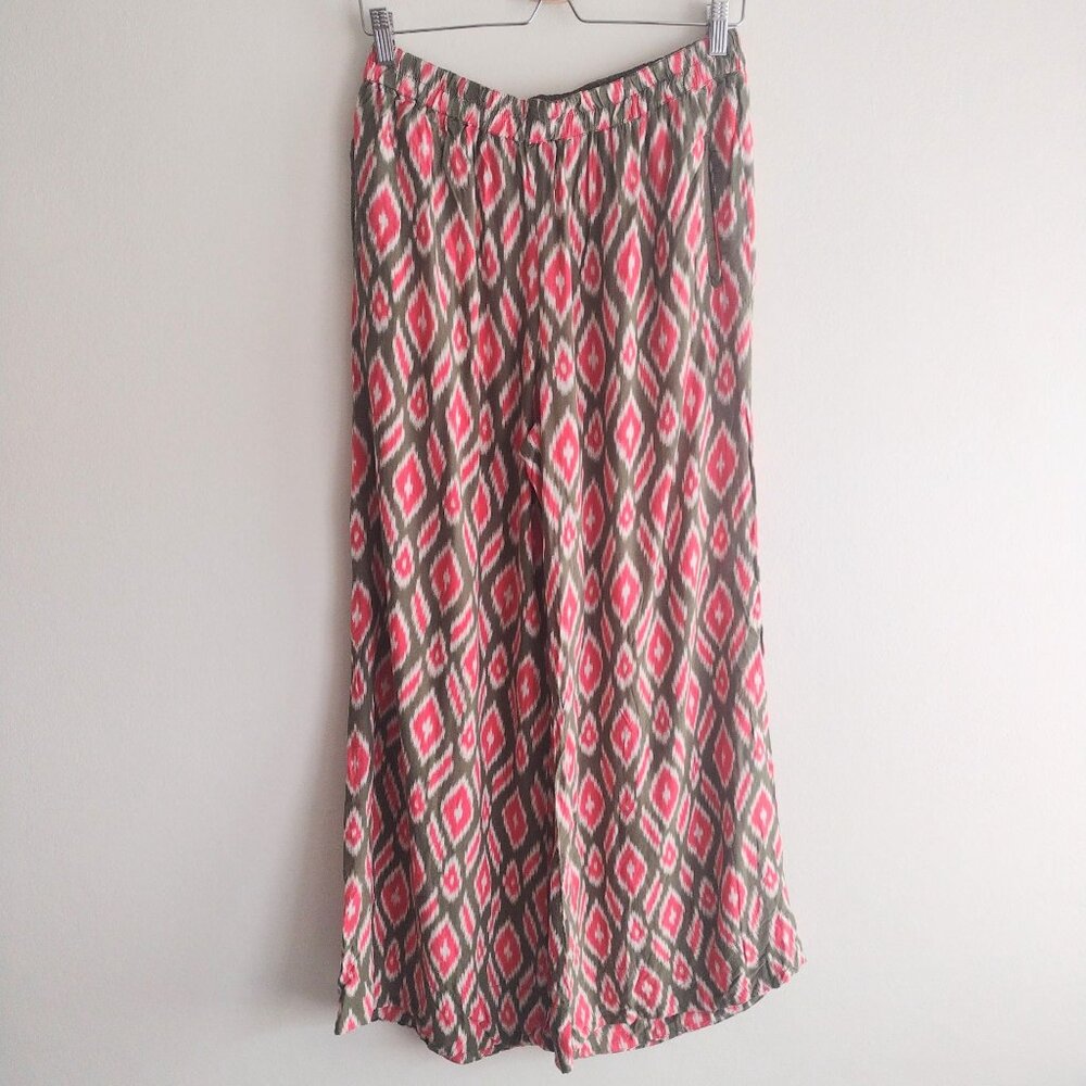 Anthropologie Lilka Wide-Leg Printed Pants M Red Olive Green Boho Ikat Casual - Picture 11 of 11